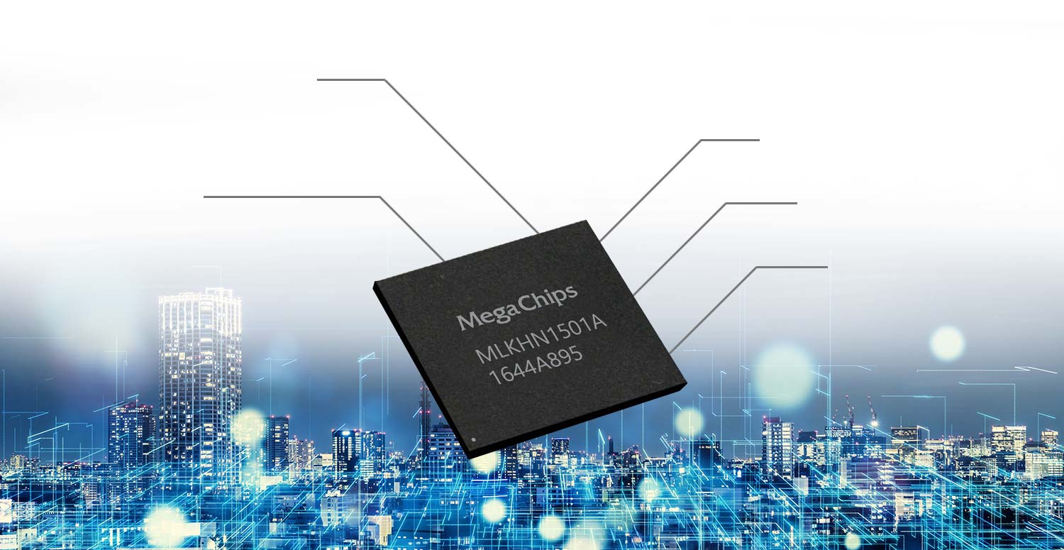 Computer chip with cityscape in background